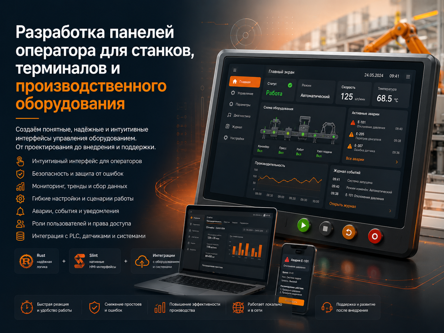 Разработка панелей оператора для станков, терминалов и производственного оборудования